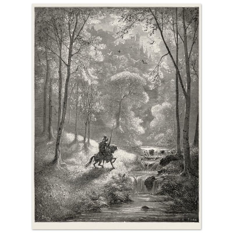 Gustave Dore depiction of knight Don Quixote riding in the countryside in one of his adventures.