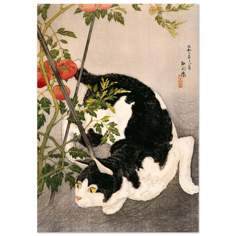 Black Cat and Tomato Plant vintage poster reproduction by Takahashi Hiroaki 1931