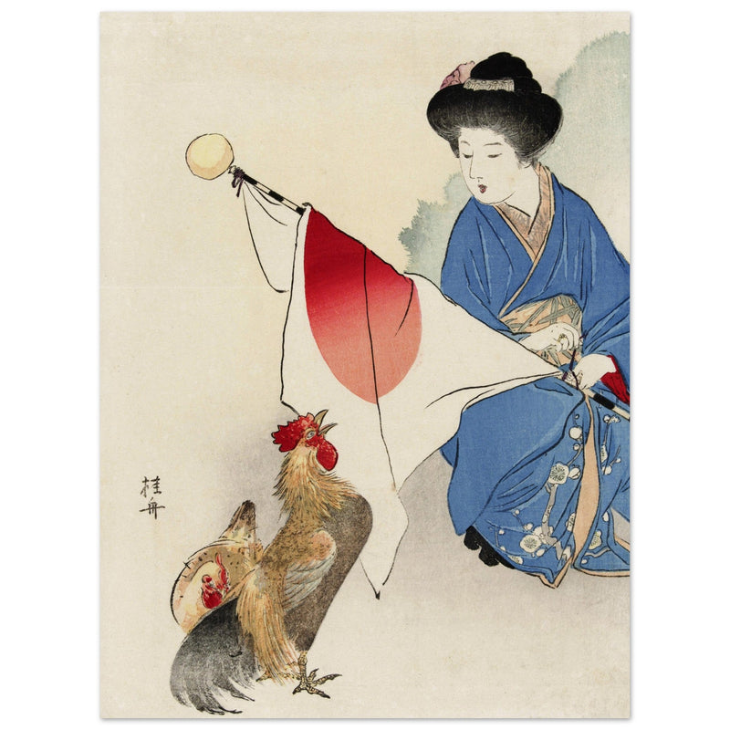 Woman with Japanese flag and a rooster by Takeuchi Keishu
