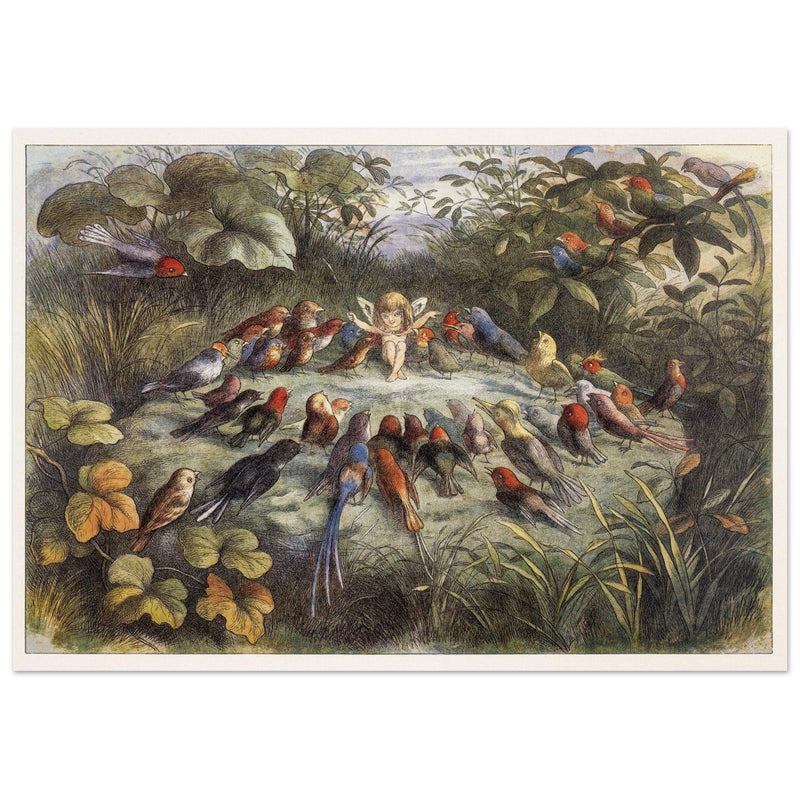 Richard Doyle illustration for Fairyland book. Elf teaching the young birds to sing