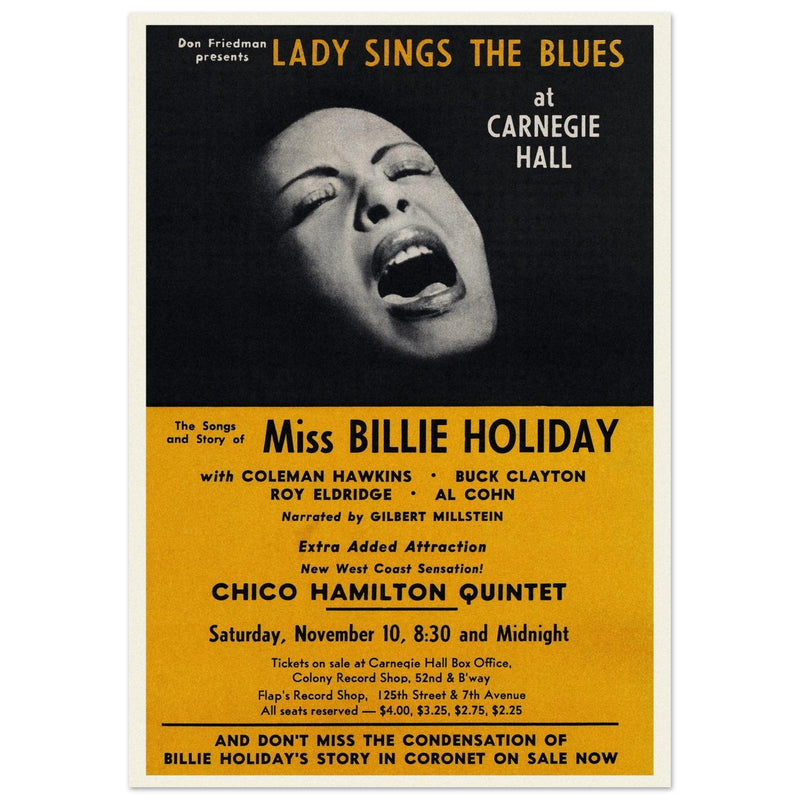Billie Holiday music poster of her concert at Carnegie Hall in 1956.