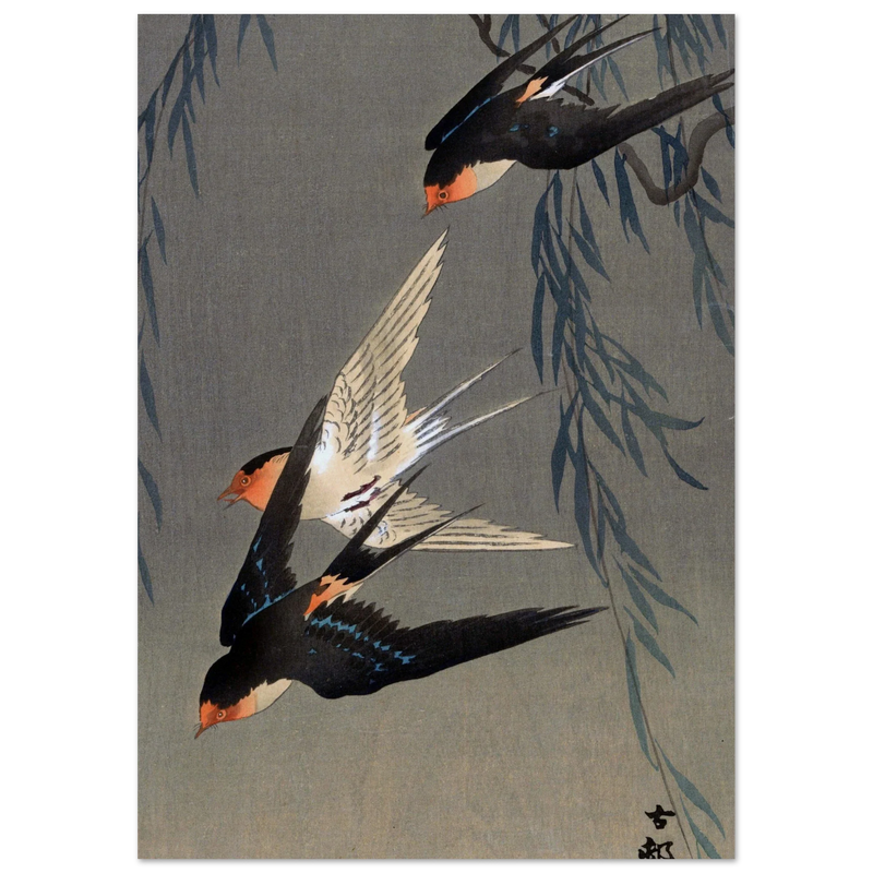 Ohara Koson Three red-rumped swallows in a dive