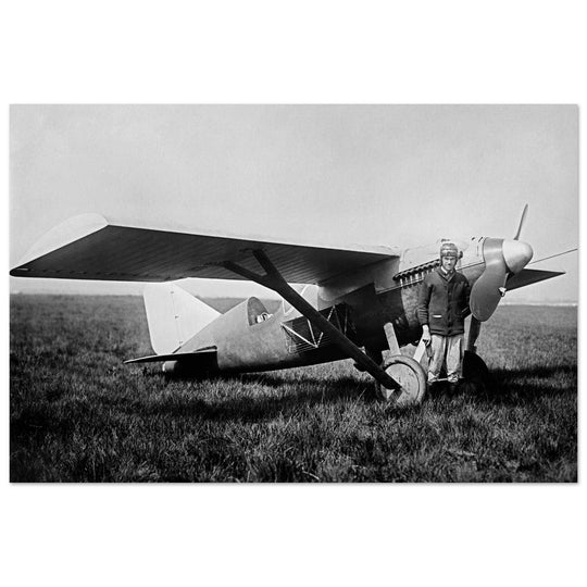 American aviator Roland Rohlfs stands in front of vintage airplane 1920 Fine art