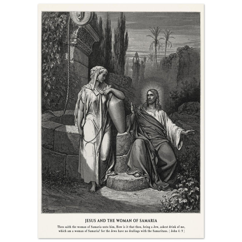 Gustave Dore The Bible engraving print . Jesus and the woman of Samaria illustration .