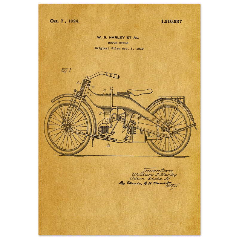 Vintage motorcycle patent by William S Harley founder of harley davidson.