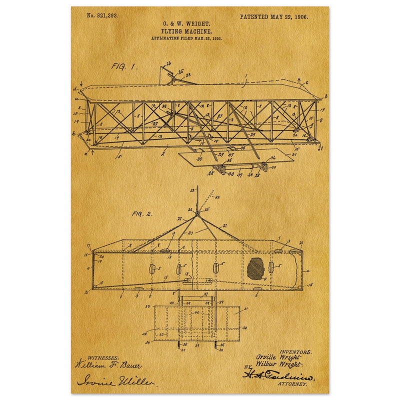 Flying machine patent 1906 by the Wright brothers. Vintage airplane.
