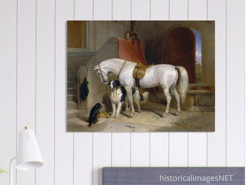 White horse in stable with dogs antique painting by Edwin Landseer.