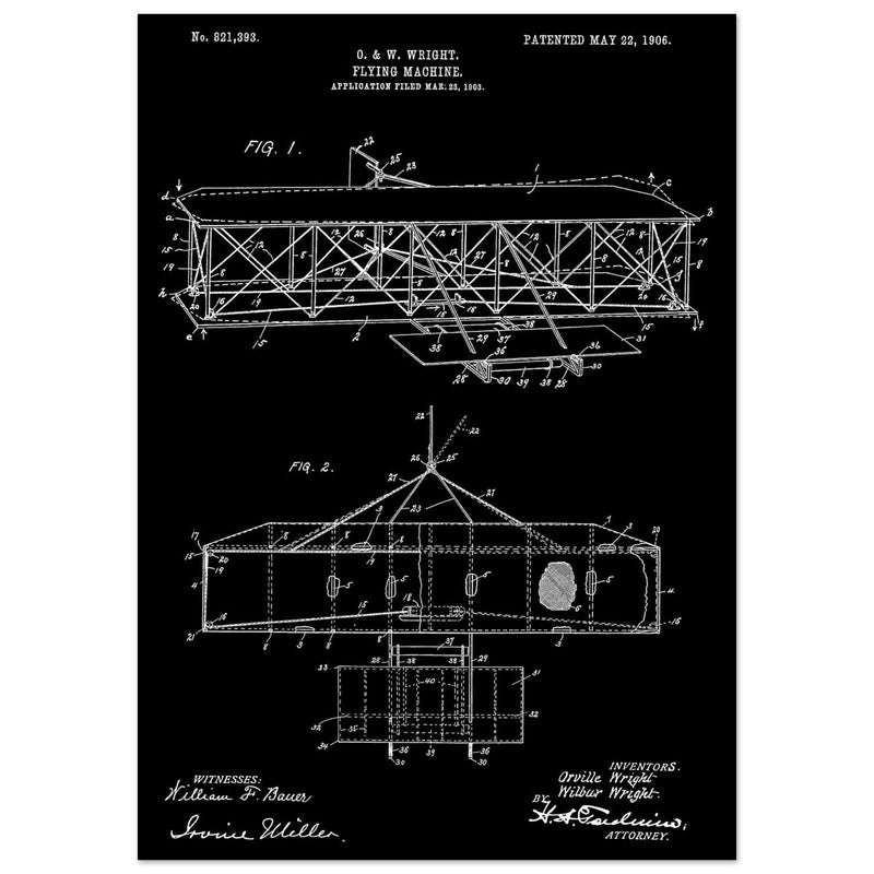 Flying machine patent 1906 by the Wright brothers. Vintage airplane.