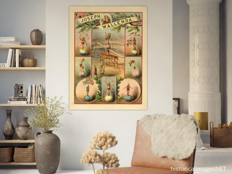 Old vintage circus print reproduction. Joseph Wallenda acrobat.