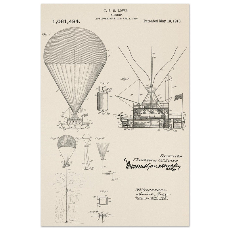 Airship patent illustration by T S C Lowe. Air Balloon