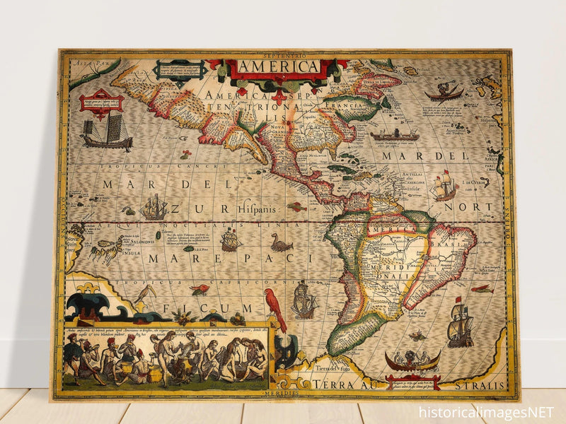 America old map print. Poster reproduction of the american continent year 1630 by Hendrik Hondius