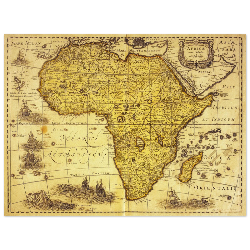 Africa ancient vintage map print reproduction. African continent cartography of 1680 by Hendrik Hondius