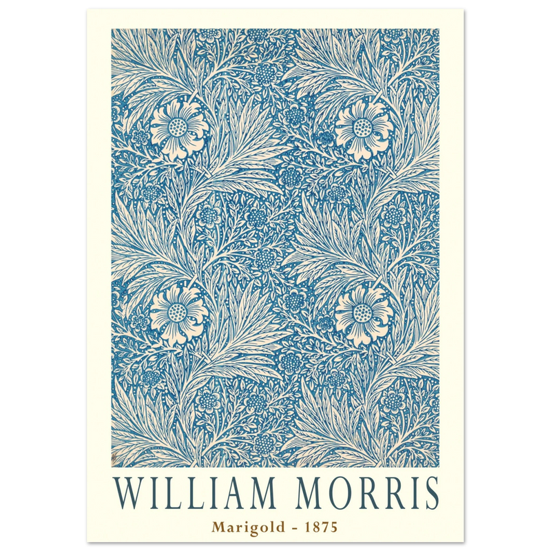 William Morris Marigold art print. Vintage wallpaper reproduction. Blue floral pattern.