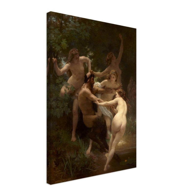 Nymphs and Satyr canvas by William Adolphe Bouguereau. Antique painting reproduction. Greek mythology.