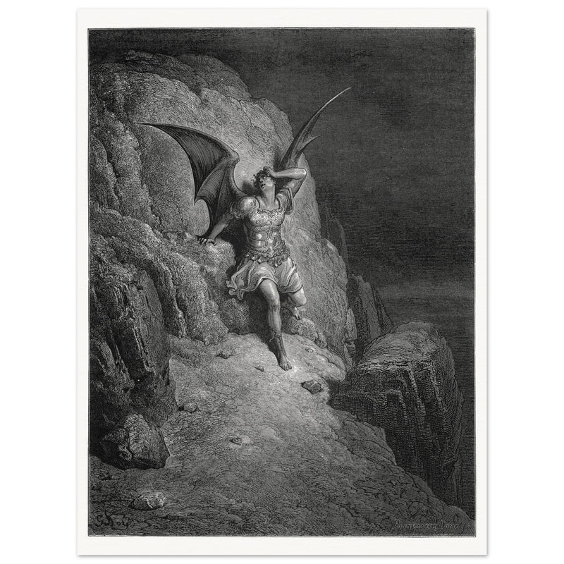 Gustave Dore Paradise Lost engraving . Torment of Satan despair as he realizes his fall.