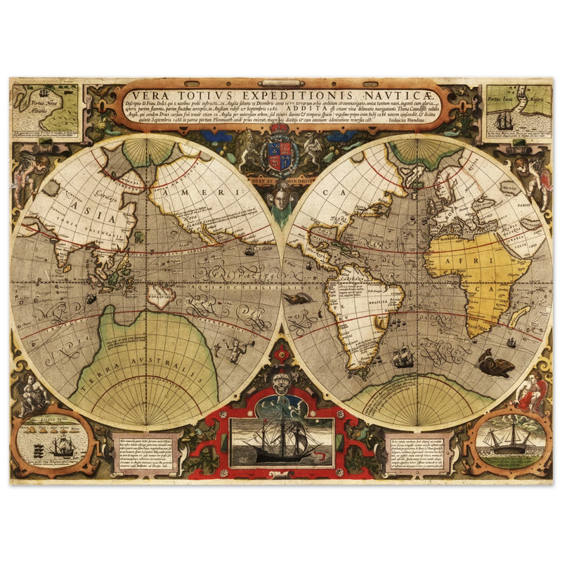 Vera Totius Expeditionis Nauticae double hemisphere map by Jodocus Hondius