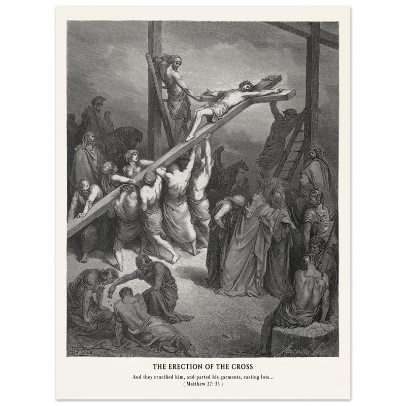 Gustave Dore The Bible engraving print . The Crucifixion  illustration .The erection of the cross.