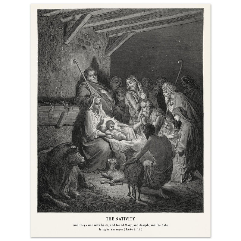 Gustave Dore The Bible engraving print . The Nativity illustration . The birth of Jesus Christ in Bethlehem