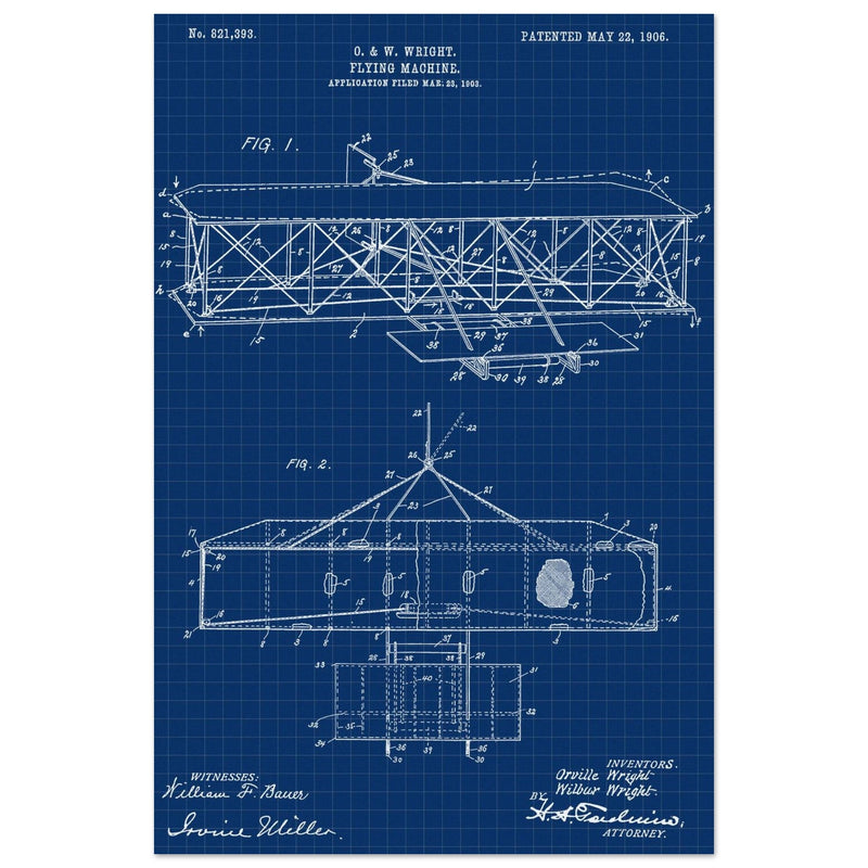 Flying machine patent 1906 by the Wright brothers. Vintage airplane.