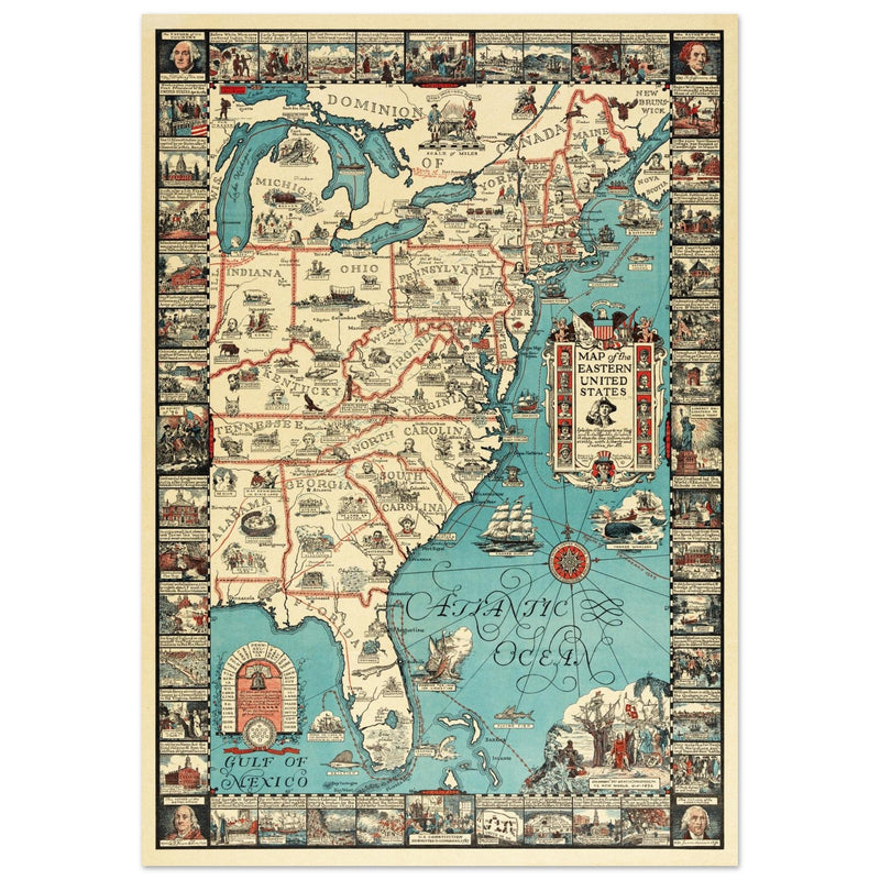 Vintage pictorical map of Map of the Eastern United States by Griswold Tyng. History of the USA.