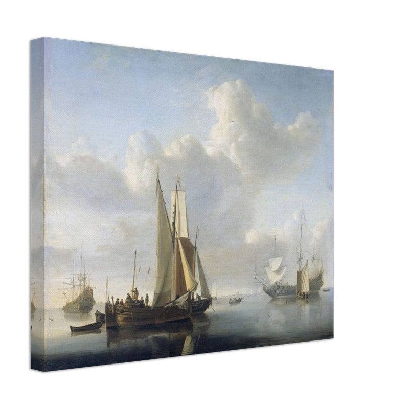 Willem van de Velde Ships before the coast. Marine landscape painting.