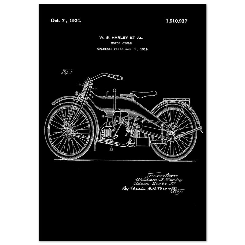 Vintage motorcycle patent by William S Harley founder of harley davidson.