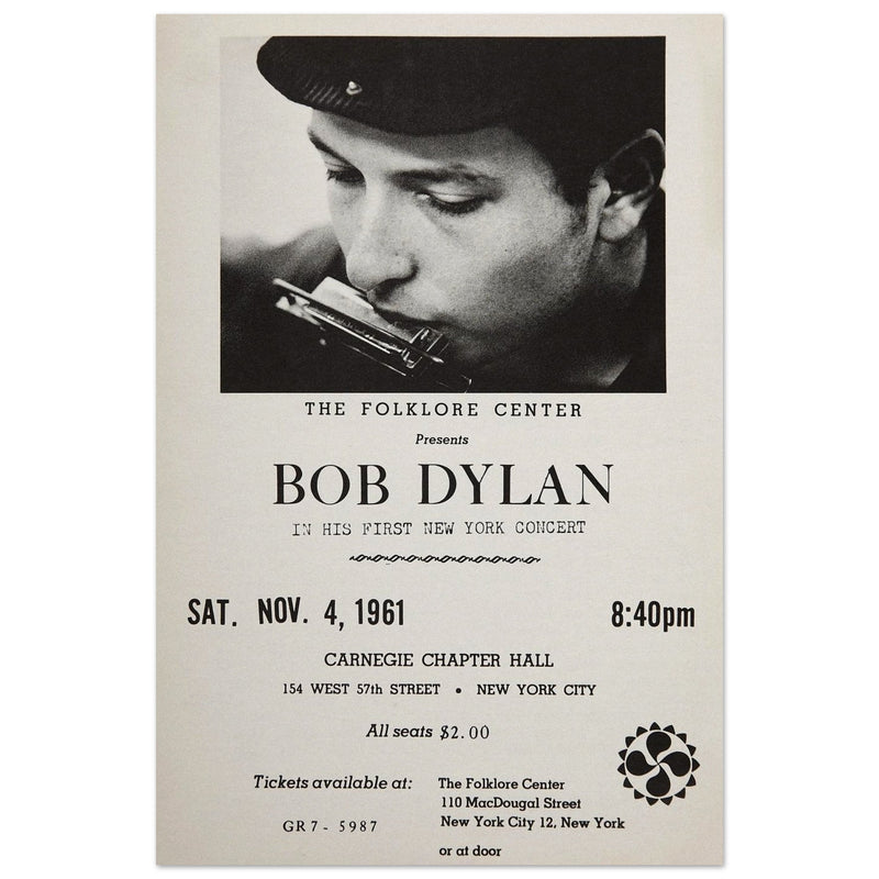 Bob Dylan concert poster in Carnegie Chapter Hall 1961.
