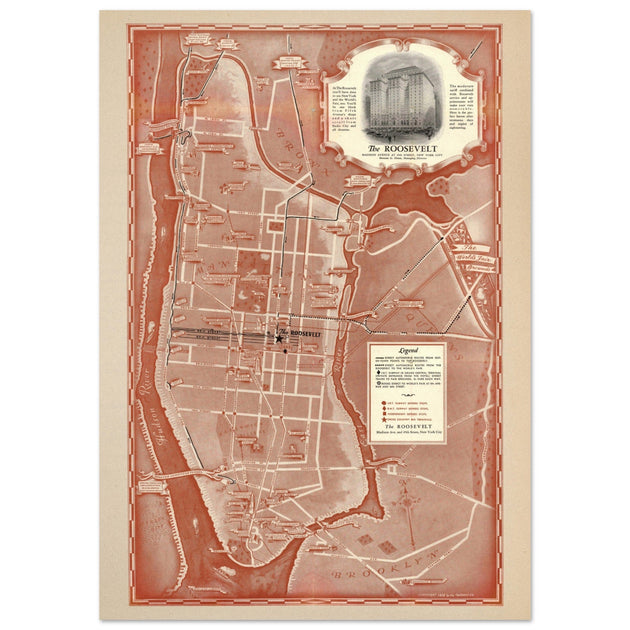 1938 New York City map. Created as an advertisement for the Roosevelt Hotel it includes major streets of Manhattan