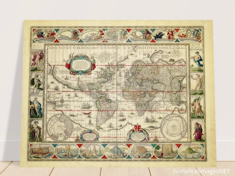 Ancient old world map 1638. Noua totius terrarum orbis geographica ac hydrographica tabula by Willem Janszoon Blaeu