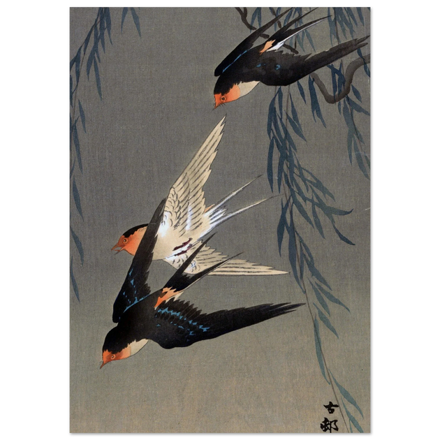 Ohara Koson Three red-rumped swallows in a dive