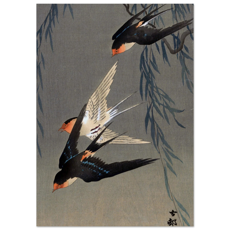 Ohara Koson Three red-rumped swallows in a dive