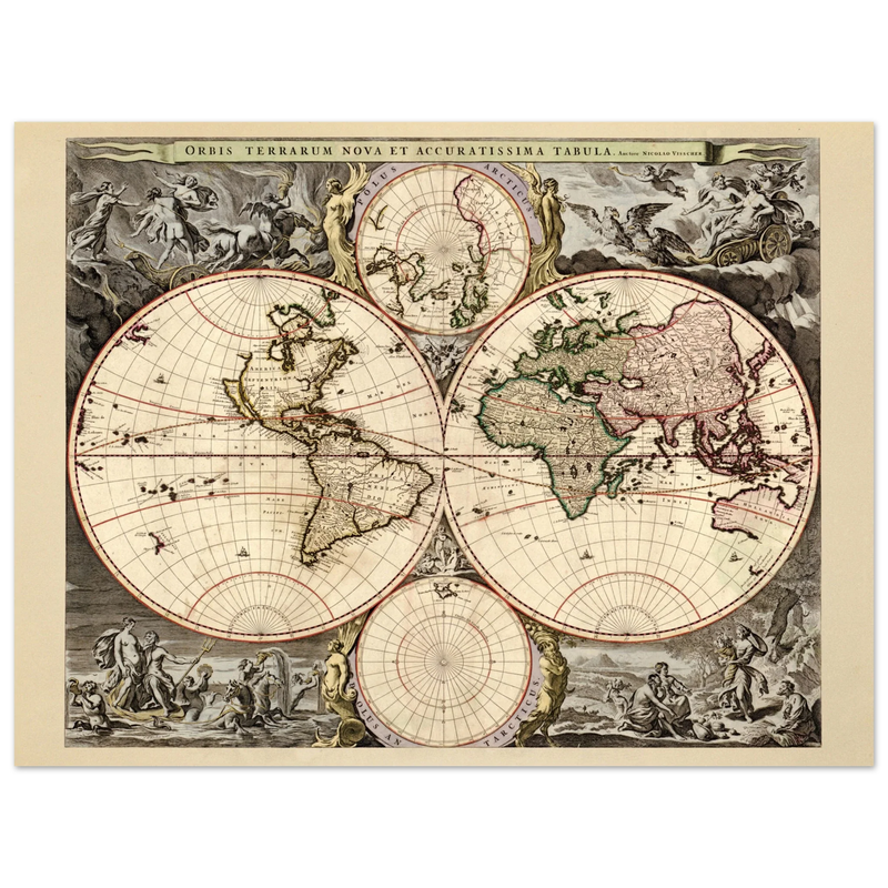 Antique world map print reproduction of the XVII Century. Orbis terrarum nova by Nicolaes Visscher II