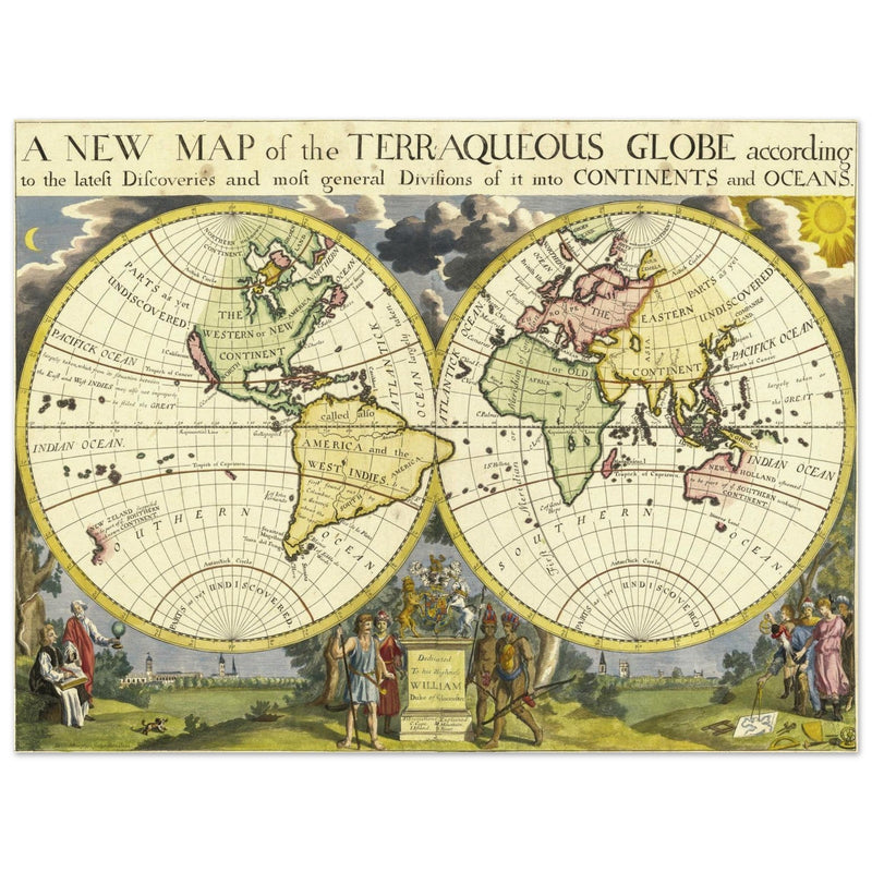 Ancient vintage world map by Edward Wells. Double hemisphere cartography.