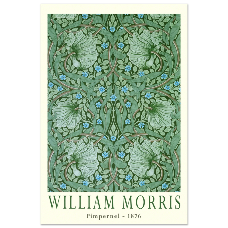 William Morris Pimpernel 1876. Green leaves and flowers wintage wallpaper art print.