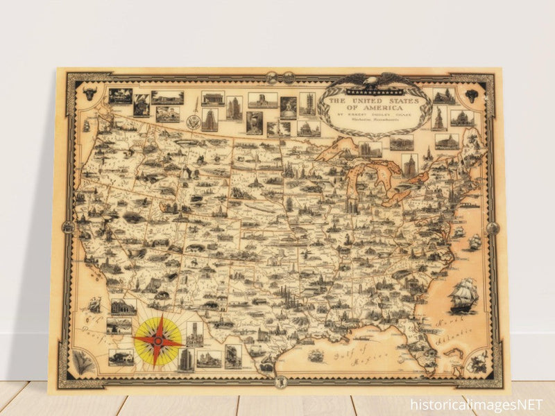 Pictorial old map of the United States of America by Ernest Dudley Chase