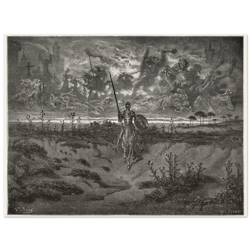 Don Quixote riding his horse by Gustave Dore dreaming of a life full of adventures.