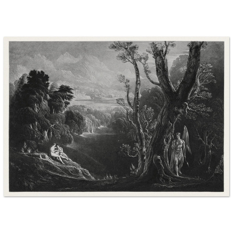 John Martin mezzotint engraving . Satan Contemplating Adam and Eve in Paradise. Paradise Lost by Milton.