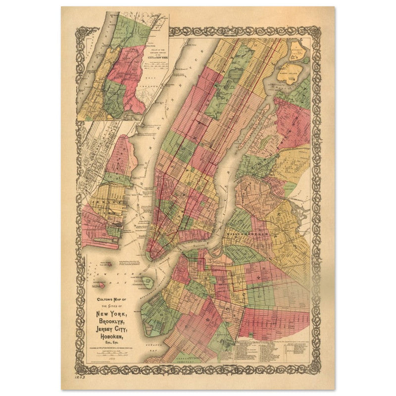 1886 New York City vintage map by G. W & C.B Colton. Antique maps