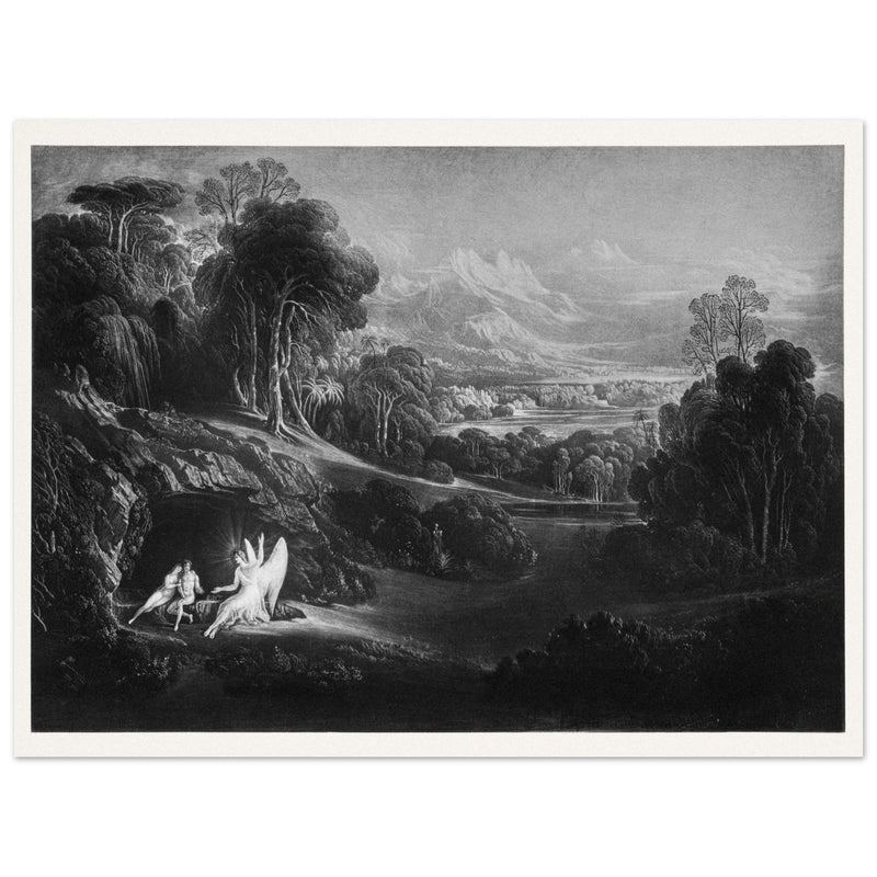 John Martin Paradise Lost vintage mezzoting engraving . Raphael Conversing with Adam and Eve .