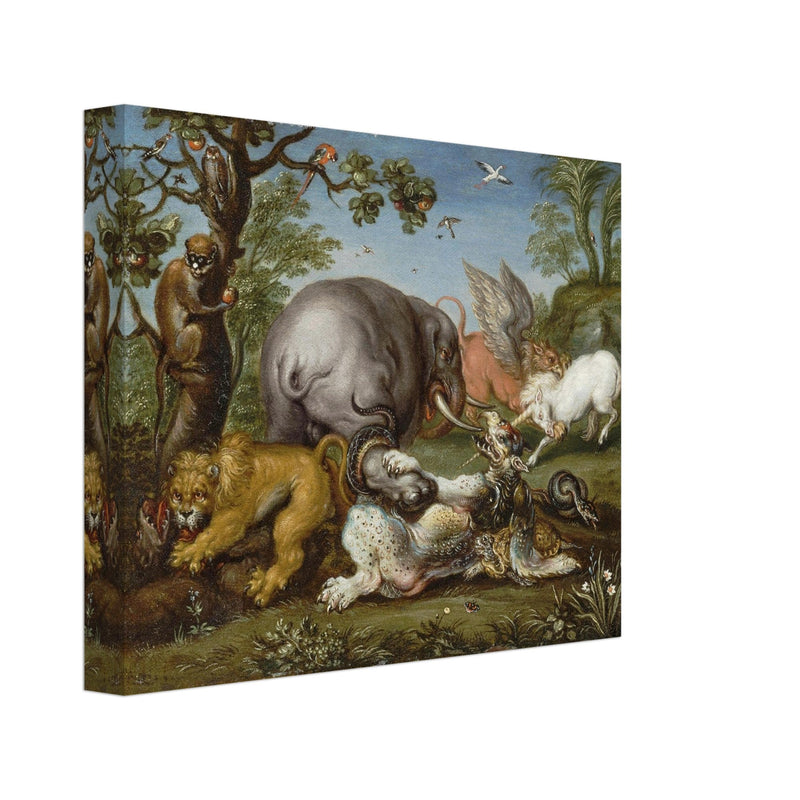 Battle of the beasts painting by Circle of Roelandt Savery  XVII Century.