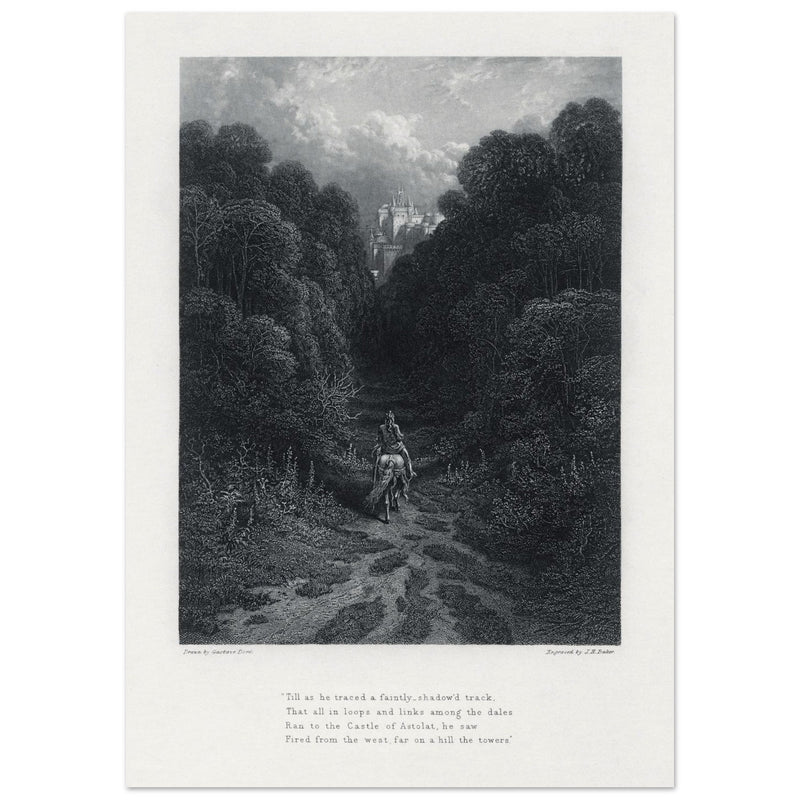 Gustave Dore illustration of King Arthur legend .Lancelot approaching the Castle of Astolat, Idylls of the King by Alfred Tennyson.