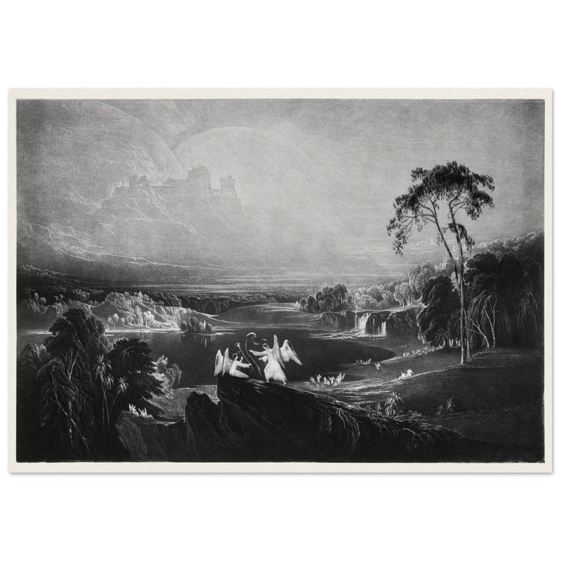 John Martin Paradise Lost Heaven – the Rivers of Bliss. Vintage mezzotint engraving .