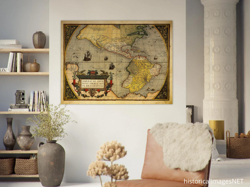 America ancient map. Americae sive novi orbis, nova descriptio by Abraham Ortelius