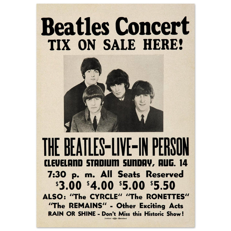 The Beatles music poster. Performance in Cleveland Ohio stadium in 1966.