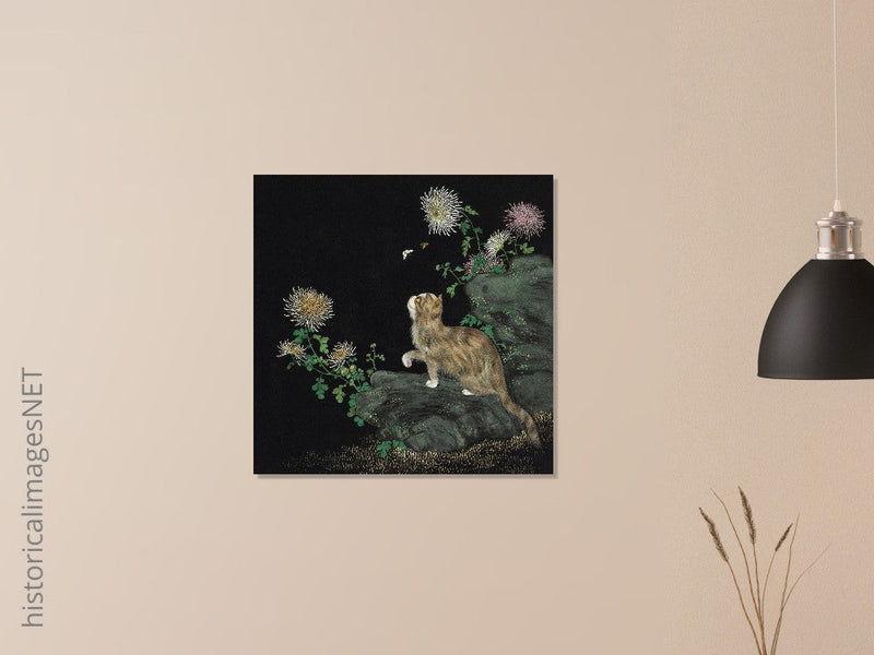 Cats and Butterflies in Springtime old oriental painting by Shen Zhenlin.