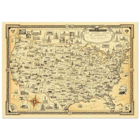 United States of America vintage map by Ernest Dudley Chase celebrating landmarks and national symbols of identity.