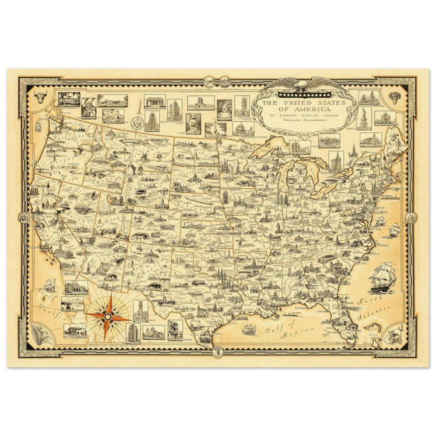 United States of America vintage map by Ernest Dudley Chase celebrating landmarks and national symbols of identity.
