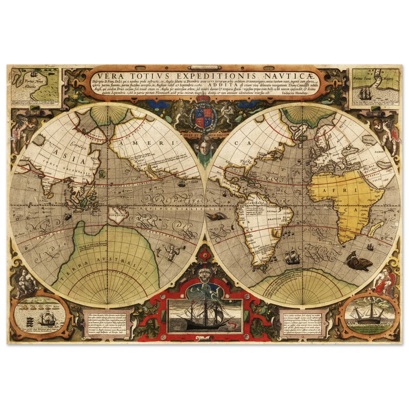 Vera Totius Expeditionis Nauticae double hemisphere map by Jodocus Hondius