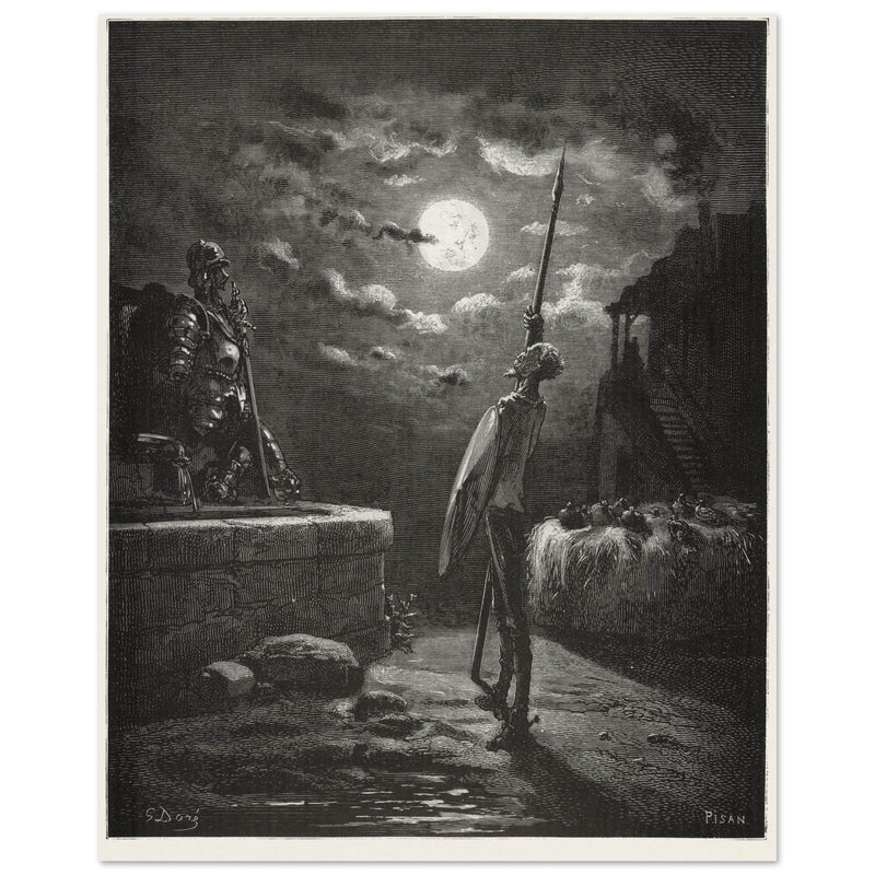 Don Quixote by Gustave Dore. The knight raising his sword against the moon at night.