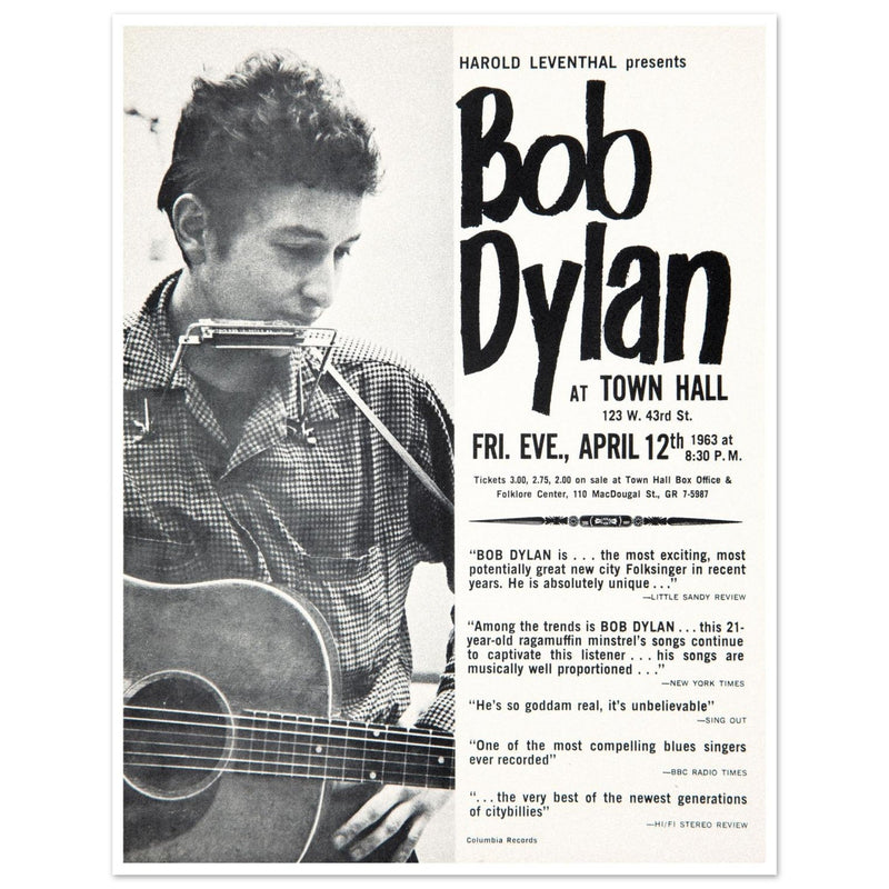Bob Dylan concert poster Town Hall in New York City in 1963 performance.